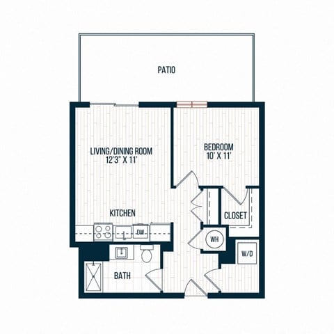 Floor plan for 1 bed, 1 bath, 633 sqft